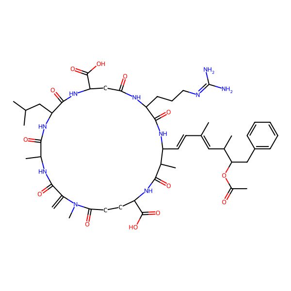 2D Structure of 18-(6-Acetyloxy-3,5-dimethyl-7-phenylhepta-1,3-dienyl)-15-[3-(diaminomethylideneamino)propyl]-1,5,19-trimethyl-2-methylidene-8-(2-methylpropyl)-3,6,9,13,16,20,25-heptaoxo-1,4,7,10,14,17,21-heptazacyclopentacosane-11,22-dicarboxylic acid