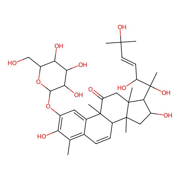 2D Structure of (8S,9R,13R,14S,16R,17R)-3,16-dihydroxy-4,9,13,14-tetramethyl-2-[(2S,3R,4S,5S,6R)-3,4,5-trihydroxy-6-(hydroxymethyl)oxan-2-yl]oxy-17-[(E,2R)-2,3,6-trihydroxy-6-methylhept-4-en-2-yl]-12,15,16,17-tetrahydro-8H-cyclopenta[a]phenanthren-11-one