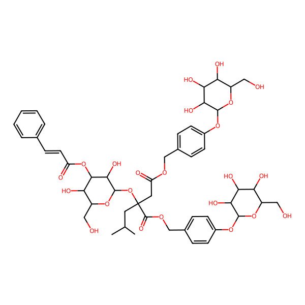 2D Structure of bis[[4-[(2S,3R,4S,5S,6R)-3,4,5-trihydroxy-6-(hydroxymethyl)oxan-2-yl]oxyphenyl]methyl] (2R)-2-[(2S,3R,4S,5R,6R)-3,5-dihydroxy-6-(hydroxymethyl)-4-[(E)-3-phenylprop-2-enoyl]oxyoxan-2-yl]oxy-2-(2-methylpropyl)butanedioate