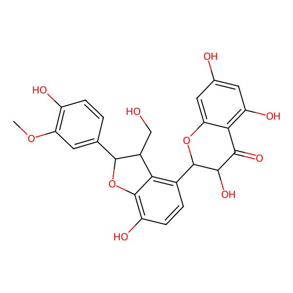 2D Structure of (2R,3R)-3,5,7-trihydroxy-2-[(2S,3R)-7-hydroxy-2-(4-hydroxy-3-methoxyphenyl)-3-(hydroxymethyl)-2,3-dihydro-1-benzofuran-4-yl]-2,3-dihydrochromen-4-one