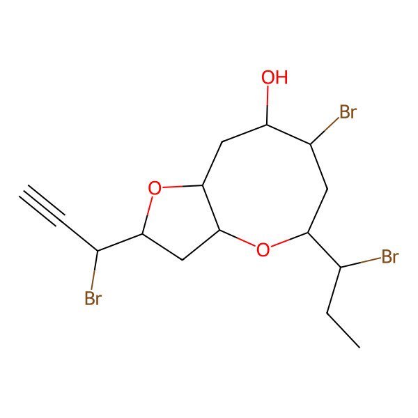 2D Structure of 7-bromo-5-(1-bromopropyl)-2-(1-bromoprop-2-ynyl)-3,3a,5,6,7,8,9,9a-octahydro-2H-furo[3,2-b]oxocin-8-ol
