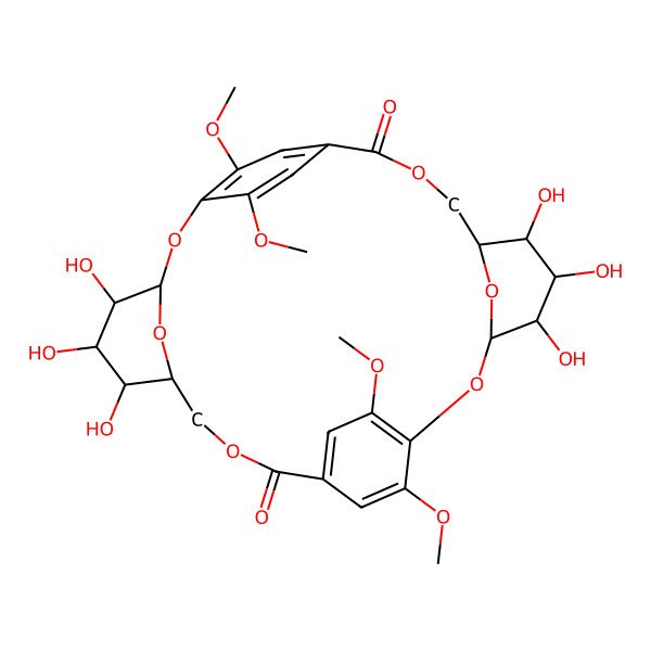 2D Structure of 4,5,6,17,18,19-Hexahydroxy-13,26,27,30-tetramethoxy-2,9,15,22,29,32-hexaoxapentacyclo[22.2.2.211,14.13,7.116,20]dotriaconta-1(26),11,13,24,27,30-hexaene-10,23-dione