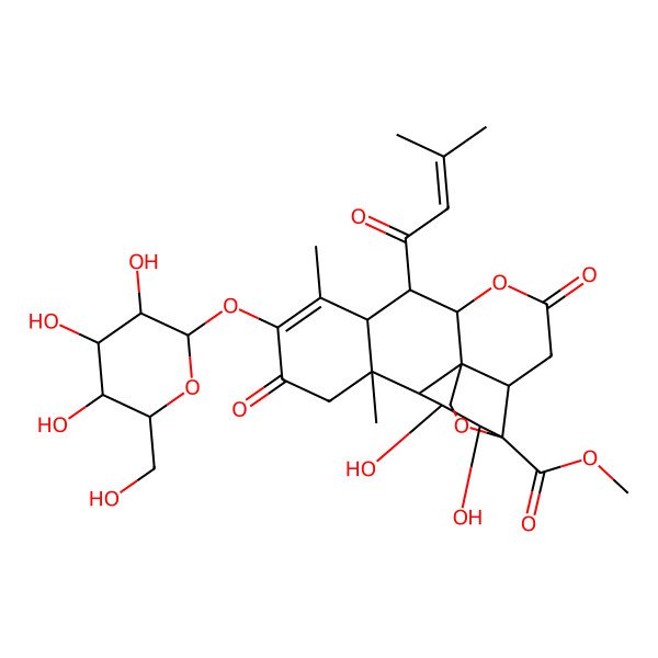 2D Structure of methyl (1R,2R,6R,7R,8R,13S,14R,15R,16S,17S)-15,16-dihydroxy-9,13-dimethyl-7-(3-methylbut-2-enoyl)-4,11-dioxo-10-[(2S,3R,4S,5S,6R)-3,4,5-trihydroxy-6-(hydroxymethyl)oxan-2-yl]oxy-5,18-dioxapentacyclo[12.5.0.01,6.02,17.08,13]nonadec-9-ene-17-carboxylate