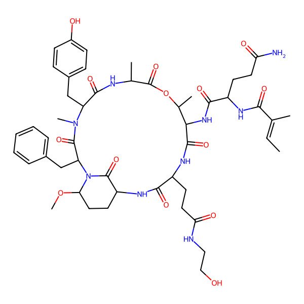 2D Structure of N-[2-benzyl-15-[3-(2-hydroxyethylamino)-3-oxopropyl]-5-[(4-hydroxyphenyl)methyl]-21-methoxy-4,8,11-trimethyl-3,6,9,13,16,22-hexaoxo-10-oxa-1,4,7,14,17-pentazabicyclo[16.3.1]docosan-12-yl]-2-(2-methylbut-2-enoylamino)pentanediamide