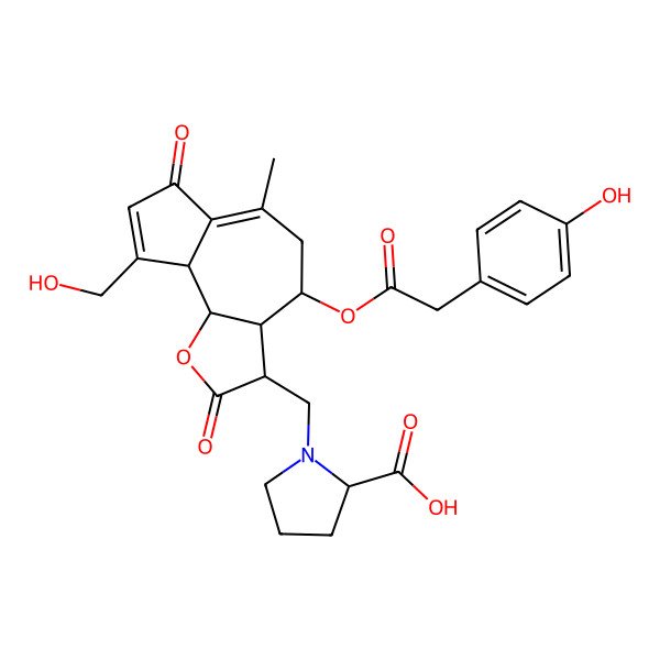 2D Structure of (2S)-1-[[(3R,3aS,4S,9aS,9bS)-9-(hydroxymethyl)-4-[2-(4-hydroxyphenyl)acetyl]oxy-6-methyl-2,7-dioxo-3,3a,4,5,9a,9b-hexahydroazuleno[4,5-b]furan-3-yl]methyl]pyrrolidine-2-carboxylic acid
