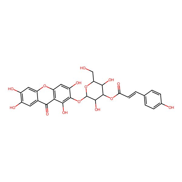 2D Structure of [(2R,3R,4S,5R,6S)-3,5-dihydroxy-2-(hydroxymethyl)-6-(1,3,6,7-tetrahydroxy-9-oxoxanthen-2-yl)oxyoxan-4-yl] (E)-3-(4-hydroxyphenyl)prop-2-enoate