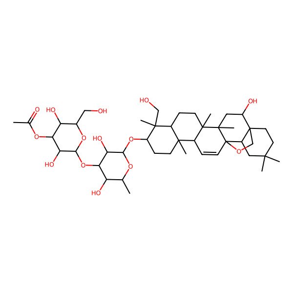 2D Structure of [(2S,3R,4R,5R,6R)-2-[(2R,3R,4R,5S,6R)-3,5-dihydroxy-2-[[(1S,2R,4S,5R,8R,9R,10S,13S,14R,17S,18S)-2-hydroxy-9-(hydroxymethyl)-4,5,9,13,20,20-hexamethyl-24-oxahexacyclo[15.5.2.01,18.04,17.05,14.08,13]tetracos-15-en-10-yl]oxy]-6-methyloxan-4-yl]oxy-3,5-dihydroxy-6-(hydroxymethyl)oxan-4-yl] acetate