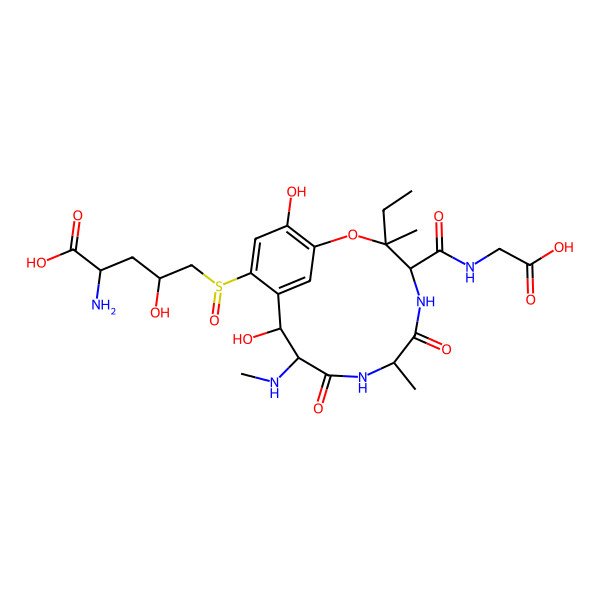 2D Structure of (2S,4S)-2-amino-5-[(S)-[(3S,4S,7R,10S,11R)-4-(carboxymethylcarbamoyl)-3-ethyl-11,15-dihydroxy-3,7-dimethyl-10-(methylamino)-6,9-dioxo-2-oxa-5,8-diazabicyclo[10.3.1]hexadeca-1(15),12(16),13-trien-13-yl]sulfinyl]-4-hydroxypentanoic acid