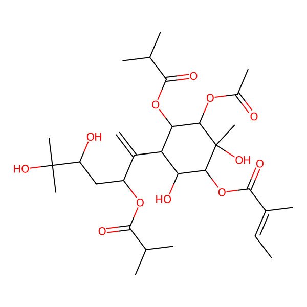 2D Structure of [3-Acetyloxy-5-[5,6-dihydroxy-6-methyl-3-(2-methylpropanoyloxy)hept-1-en-2-yl]-2,6-dihydroxy-2-methyl-4-(2-methylpropanoyloxy)cyclohexyl] 2-methylbut-2-enoate