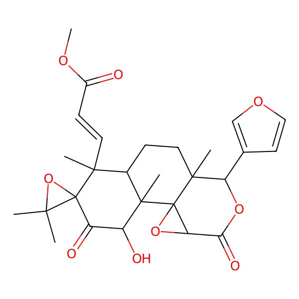 2D Structure of Methyl 3-[11-(furan-3-yl)-3-hydroxy-2,3',3',6,10-pentamethyl-4,13-dioxospiro[12,15-dioxatetracyclo[8.5.0.01,14.02,7]pentadecane-5,2'-oxirane]-6-yl]prop-2-enoate