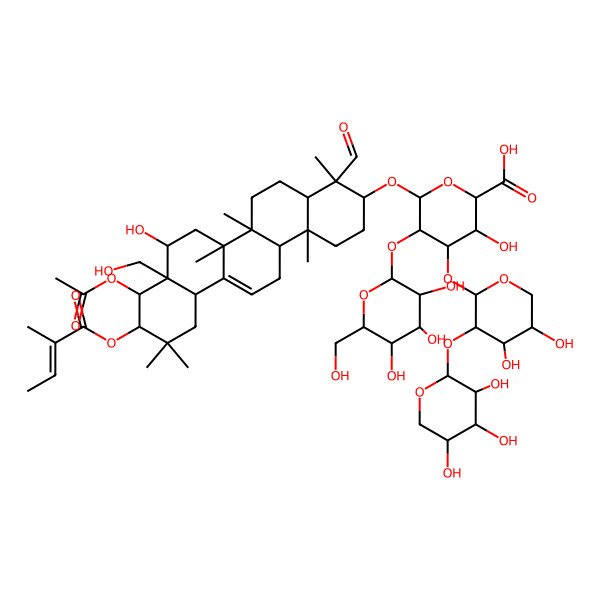 2D Structure of 6-[[9-Acetyloxy-4-formyl-8-hydroxy-8a-(hydroxymethyl)-4,6a,6b,11,11,14b-hexamethyl-10-(2-methylbut-2-enoyloxy)-1,2,3,4a,5,6,7,8,9,10,12,12a,14,14a-tetradecahydropicen-3-yl]oxy]-4-[4,5-dihydroxy-3-(3,4,5-trihydroxyoxan-2-yl)oxyoxan-2-yl]oxy-3-hydroxy-5-[3,4,5-trihydroxy-6-(hydroxymethyl)oxan-2-yl]oxyoxane-2-carboxylic acid