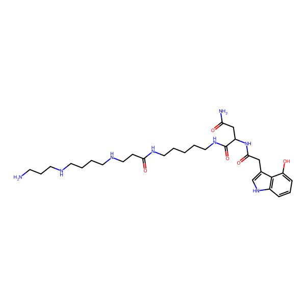 2D Structure of (2S)-N-[5-[3-[4-(3-aminopropylamino)butylamino]propanoylamino]pentyl]-2-[[2-(4-hydroxy-1H-indol-3-yl)acetyl]amino]butanediamide