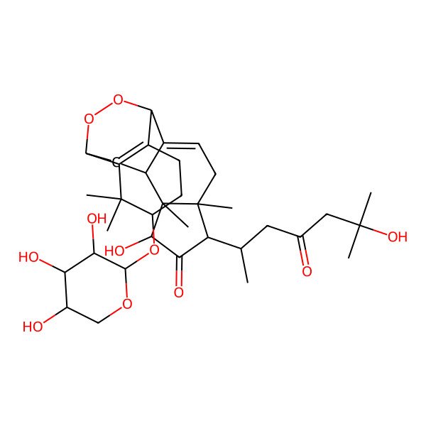 2D Structure of (1R,5R,6R,8R,9S,10R,12S,15S)-8-hydroxy-6-[(2R)-6-hydroxy-6-methyl-4-oxoheptan-2-yl]-5,9,14,14-tetramethyl-15-[(2S,3R,4S,5S)-3,4,5-trihydroxyoxan-2-yl]oxy-19,20-dioxapentacyclo[10.6.2.02,10.05,9.013,18]icosa-2,13(18)-dien-7-one