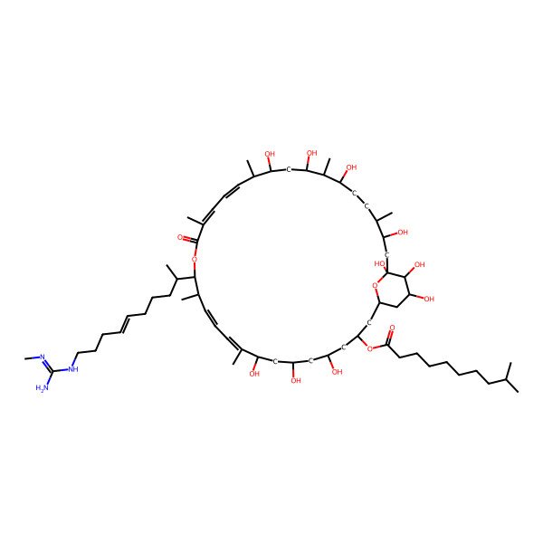 2D Structure of [5,7,9,23,25,27,31,33,34,35-decahydroxy-10,14,18,22,26,30-hexamethyl-15-[10-[(N'-methylcarbamimidoyl)amino]dec-6-en-2-yl]-17-oxo-16,37-dioxabicyclo[31.3.1]heptatriaconta-10,12,18,20-tetraen-3-yl] 9-methyldecanoate