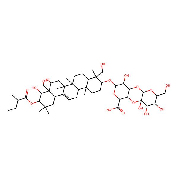 2D Structure of (1R,3R,5R,6S,7S,8S,10S,11S,13R,14R)-13-[[(3S,4R,4aR,6aR,6bS,8S,8aR,9R,10R,12aS,14aR,14bR)-8,9-dihydroxy-4,8a-bis(hydroxymethyl)-4,6a,6b,11,11,14b-hexamethyl-10-[(2S)-2-methylbutanoyl]oxy-1,2,3,4a,5,6,7,8,9,10,12,12a,14,14a-tetradecahydropicen-3-yl]oxy]-6,7,8,14-tetrahydroxy-5-(hydroxymethyl)-2,4,9,12-tetraoxatricyclo[8.4.0.03,8]tetradecane-11-carboxylic acid