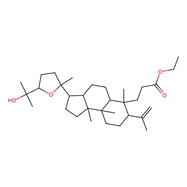 2D Structure of ethyl 3-[(3S,3aR,5aR,6S,7S,9aR,9bR)-3-[(2S,5S)-5-(2-hydroxypropan-2-yl)-2-methyloxolan-2-yl]-6,9a,9b-trimethyl-7-prop-1-en-2-yl-1,2,3,3a,4,5,5a,7,8,9-decahydrocyclopenta[a]naphthalen-6-yl]propanoate