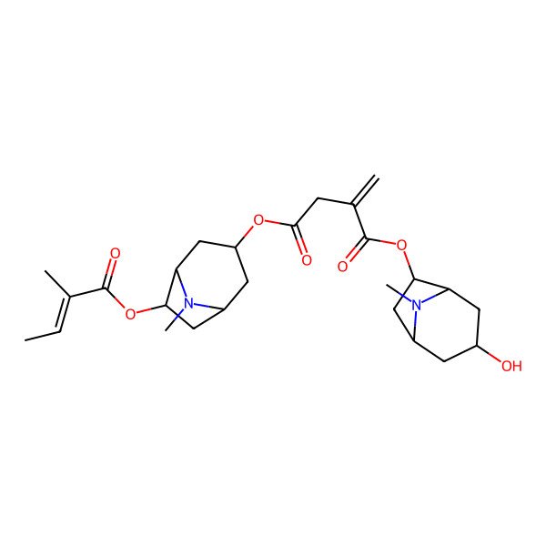 2D Structure of 1-O-[(1S,3S,5R,6S)-3-hydroxy-8-methyl-8-azabicyclo[3.2.1]octan-6-yl] 4-O-[(1R,3R,5S,6R)-8-methyl-6-[(Z)-2-methylbut-2-enoyl]oxy-8-azabicyclo[3.2.1]octan-3-yl] 2-methylidenebutanedioate