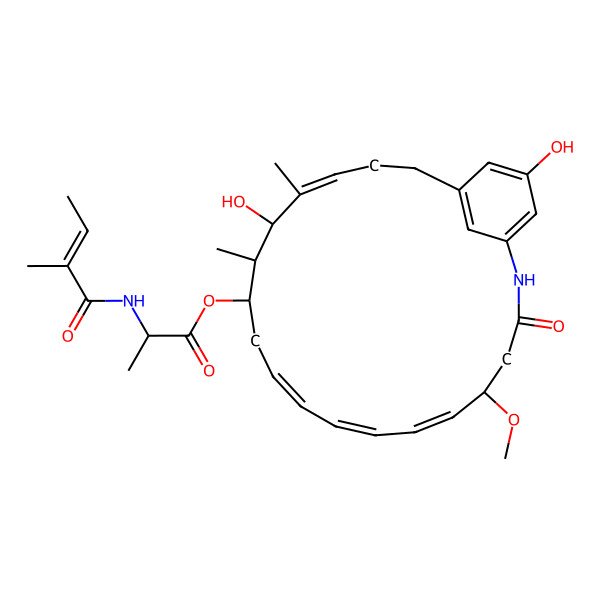 2D Structure of [(6Z,8Z,10Z,16Z)-15,22-dihydroxy-5-methoxy-14,16-dimethyl-3-oxo-2-azabicyclo[18.3.1]tetracosa-1(23),6,8,10,16,20(24),21-heptaen-13-yl] (2R)-2-[[(E)-2-methylbut-2-enoyl]amino]propanoate