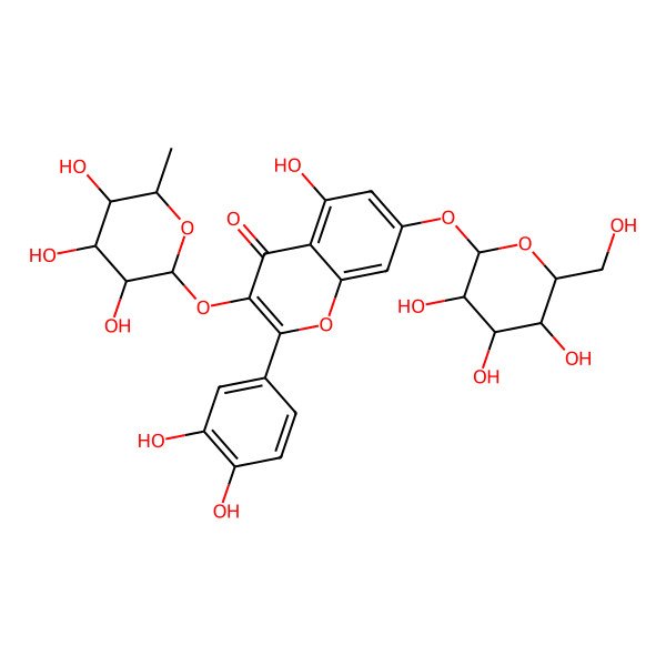 2D Structure of 2-(3,4-Dihydroxyphenyl)-5-hydroxy-7-[3,4,5-trihydroxy-6-(hydroxymethyl)oxan-2-yl]oxy-3-(3,4,5-trihydroxy-6-methyloxan-2-yl)oxychromen-4-one