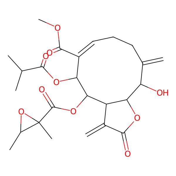 2D Structure of methyl 4-(2,3-dimethyloxirane-2-carbonyl)oxy-11-hydroxy-3,10-dimethylidene-5-(2-methylpropanoyloxy)-2-oxo-4,5,8,9,11,11a-hexahydro-3aH-cyclodeca[b]furan-6-carboxylate