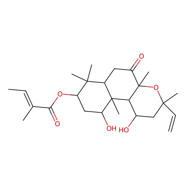 2D Structure of (3-Ethenyl-1,10-dihydroxy-3,4a,7,7,10a-pentamethyl-5-oxo-1,2,6,6a,8,9,10,10b-octahydrobenzo[f]chromen-8-yl) 2-methylbut-2-enoate