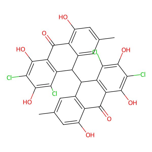 2D Structure of 1,1',3,3'-Tetrachloro-2,2',4,4',5,5'-hexahydroxy-7,7'-dimethyl[9,9'-bianthracene]-10,10'(9H,9'H)-dione