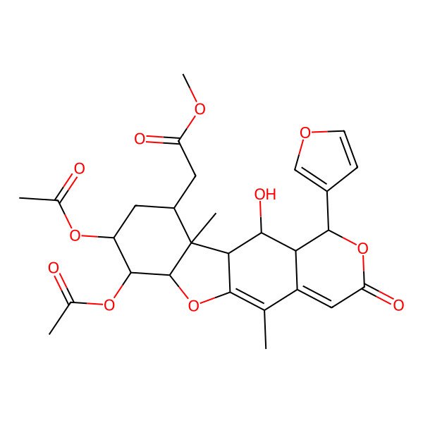 2D Structure of methyl 2-[7,8-diacetyloxy-1-(furan-3-yl)-11-hydroxy-5,10a-dimethyl-3-oxo-6a,7,8,9,10,10b,11,11a-octahydro-1H-[1]benzofuro[2,3-g]isochromen-10-yl]acetate