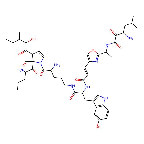 2D Structure of 3-amino-N-[1-[4-[(E)-3-[[(2S)-1-[[(4S)-4-amino-5-[(2S)-2-[(2S)-2-aminopentanoyl]-2-formyl-3-(2-hydroxy-3-methylpentanoyl)-3H-pyrrol-1-yl]-5-oxopentyl]amino]-3-(5-hydroxy-1H-indol-3-yl)-1-oxopropan-2-yl]amino]-3-oxoprop-1-enyl]-1,3-oxazol-2-yl]ethyl]-5-methyl-2-oxohexanamide