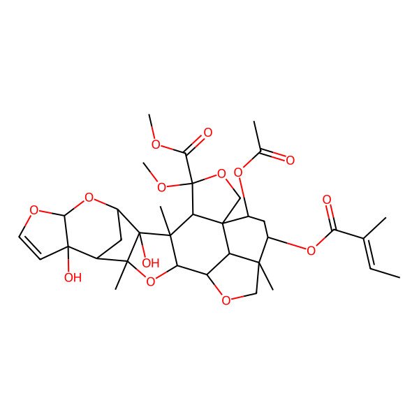 2D Structure of methyl (1S,4S,5R,6S,7R,8S,10S,14S,15S,16R,18S,19R,22R,23R,25S,26S)-25-acetyloxy-7,14-dihydroxy-4-methoxy-6,16,22-trimethyl-23-[(E)-2-methylbut-2-enoyl]oxy-3,9,11,17,20-pentaoxaoctacyclo[17.6.1.18,15.01,5.06,18.07,16.010,14.022,26]heptacos-12-ene-4-carboxylate