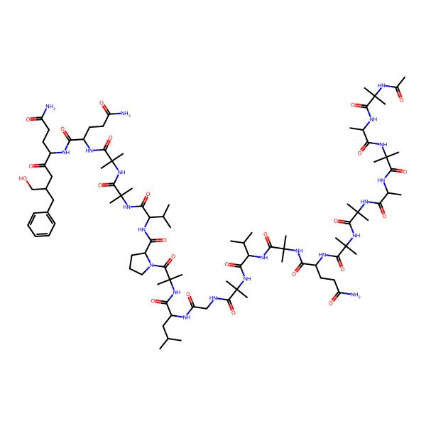 2D Structure of (2S)-2-[[2-[[2-[[(2R)-2-[[(2S)-1-[2-[[(2S)-2-[[2-[[2-[[(2S)-2-[[2-[[(2S)-2-[[2-[[2-[[(2S)-2-[[2-[[(2S)-2-[(2-acetamido-2-methylpropanoyl)amino]propanoyl]amino]-2-methylpropanoyl]amino]propanoyl]amino]-2-methylpropanoyl]amino]-2-methylpropanoyl]amino]-5-amino-5-oxopentanoyl]amino]-2-methylpropanoyl]amino]-3-methylbutanoyl]amino]-2-methylpropanoyl]amino]acetyl]amino]-4-methylpentanoyl]amino]-2-methylpropanoyl]pyrrolidine-2-carbonyl]amino]-3-methylbutanoyl]amino]-2-methylpropanoyl]amino]-2-methylpropanoyl]amino]-N-[(4S,7S)-1-amino-7-benzyl-8-hydroxy-1,5-dioxooctan-4-yl]pentanediamide