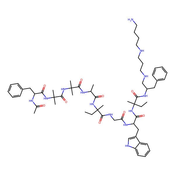 2D Structure of (2R)-2-[[(2R)-2-[[2-[[2-[[(2R)-2-acetamido-3-phenylpropanoyl]amino]-2-methylpropanoyl]amino]-2-methylpropanoyl]amino]propanoyl]amino]-N-[2-[[(2R)-1-[[(2R)-1-[[(2S)-1-[3-(4-aminobutylamino)propylamino]-3-phenylpropan-2-yl]amino]-2-methyl-1-oxobutan-2-yl]amino]-3-(1H-indol-3-yl)-1-oxopropan-2-yl]amino]-2-oxoethyl]-2-methylbutanamide