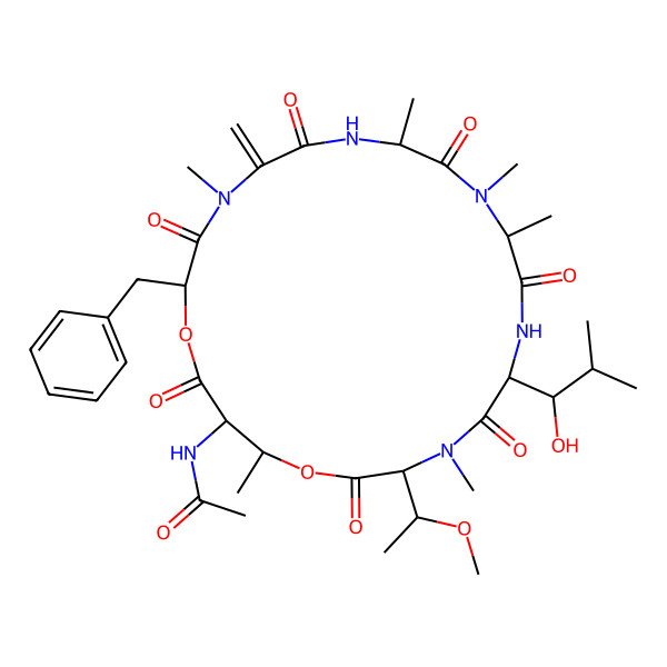 2D Structure of N-[(2R,8S,11S,14S,17S,20R,21S)-2-benzyl-14-[(1R)-1-hydroxy-2-methylpropyl]-17-[(1R)-1-methoxyethyl]-4,8,10,11,16,20-hexamethyl-5-methylidene-3,6,9,12,15,18,22-heptaoxo-1,19-dioxa-4,7,10,13,16-pentazacyclodocos-21-yl]acetamide