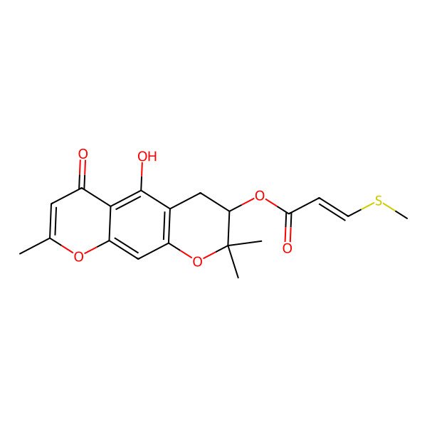 2D Structure of (5-hydroxy-2,2,8-trimethyl-6-oxo-3,4-dihydropyrano[3,2-g]chromen-3-yl) (E)-3-methylsulfanylprop-2-enoate