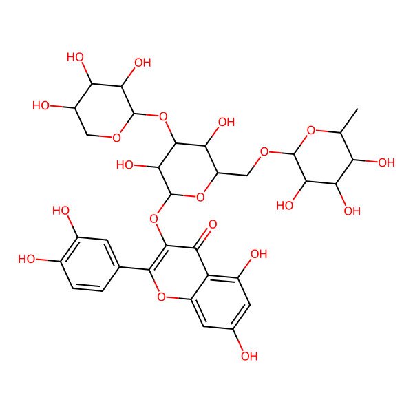 2D Structure of 2-(3,4-Dihydroxyphenyl)-3-[3,5-dihydroxy-6-[(3,4,5-trihydroxy-6-methyloxan-2-yl)oxymethyl]-4-(3,4,5-trihydroxyoxan-2-yl)oxyoxan-2-yl]oxy-5,7-dihydroxychromen-4-one