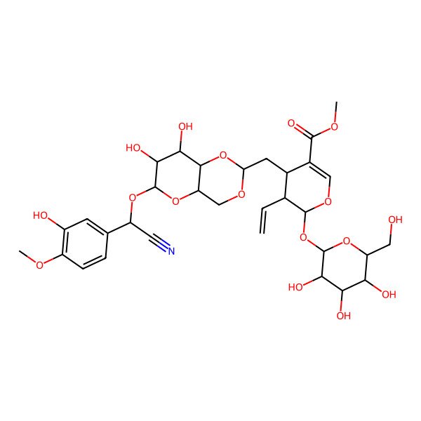 2D Structure of methyl (2S,3R,4S)-4-[[(2R,4aR,6R,7R,8R,8aS)-6-[(R)-cyano-(3-hydroxy-4-methoxyphenyl)methoxy]-7,8-dihydroxy-4,4a,6,7,8,8a-hexahydropyrano[3,2-d][1,3]dioxin-2-yl]methyl]-3-ethenyl-2-[(2S,3R,4S,5S,6R)-3,4,5-trihydroxy-6-(hydroxymethyl)oxan-2-yl]oxy-3,4-dihydro-2H-pyran-5-carboxylate