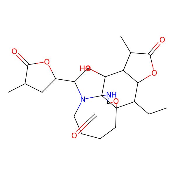 2D Structure of (1S,7R,9R,10R,11R,14R,15R,19S)-15-ethyl-9-hydroxy-11-methyl-7-[(2R,4R)-4-methyl-5-oxooxolan-2-yl]-13,16-dioxa-6,18-diazapentacyclo[7.6.4.01,19.06,19.010,14]nonadecane-12,17-dione