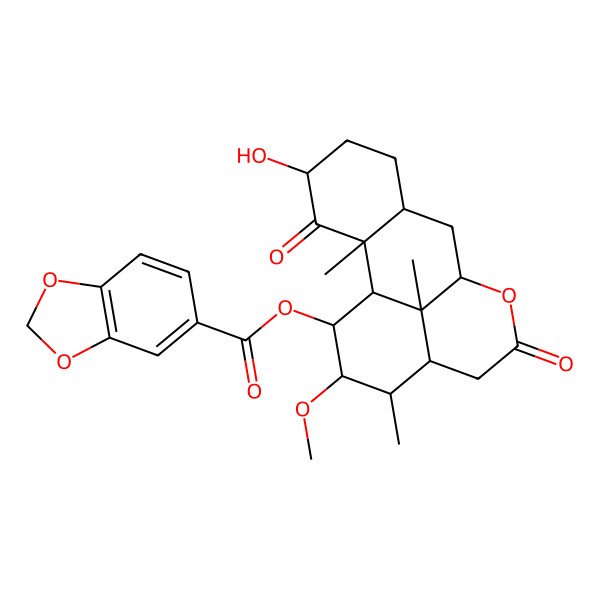2D Structure of (4-Hydroxy-15-methoxy-2,14,17-trimethyl-3,11-dioxo-10-oxatetracyclo[7.7.1.02,7.013,17]heptadecan-16-yl) 1,3-benzodioxole-5-carboxylate