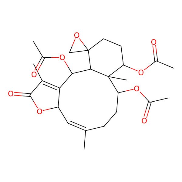 2D Structure of [(1R,2R,7R,8Z,12R,13R,14R,17S)-2,14-diacetyloxy-4,9,13-trimethyl-5-oxospiro[6-oxatricyclo[11.4.0.03,7]heptadeca-3,8-diene-17,2'-oxirane]-12-yl] acetate