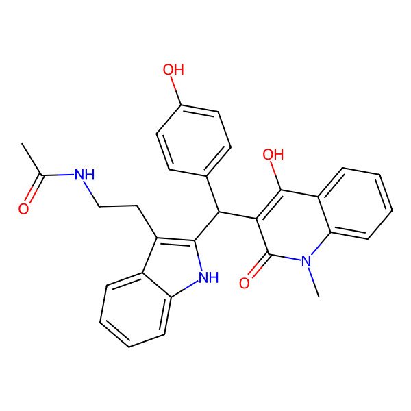 2D Structure of N-[2-[2-[(4-hydroxy-1-methyl-2-oxoquinolin-3-yl)-(4-hydroxyphenyl)methyl]-1H-indol-3-yl]ethyl]acetamide