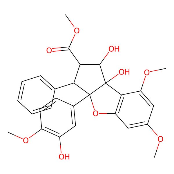 2D Structure of methyl 1,8b-dihydroxy-3a-(3-hydroxy-4-methoxyphenyl)-6,8-dimethoxy-3-phenyl-2,3-dihydro-1H-cyclopenta[b][1]benzofuran-2-carboxylate