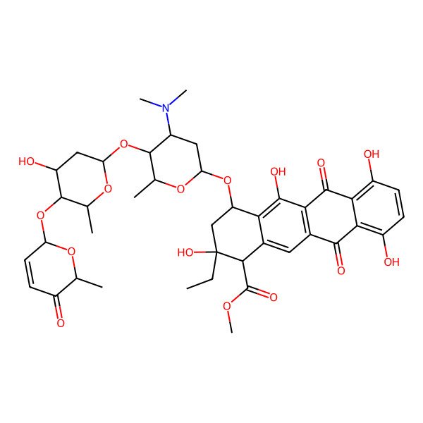 2D Structure of methyl (1R,4S)-4-[(2R,4S,5S,6S)-4-(dimethylamino)-5-[(2S,4S,5S,6S)-4-hydroxy-6-methyl-5-[[(2R,6S)-6-methyl-5-oxo-2H-pyran-2-yl]oxy]oxan-2-yl]oxy-6-methyloxan-2-yl]oxy-2-ethyl-2,5,7,10-tetrahydroxy-6,11-dioxo-3,4-dihydro-1H-tetracene-1-carboxylate