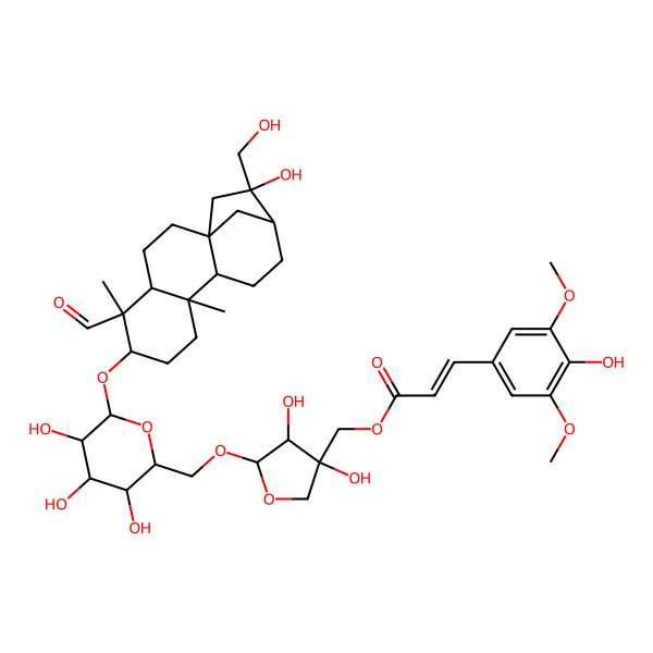 2D Structure of [(3S,4R,5R)-5-[[(2R,3S,4S,5R,6R)-6-[[(1S,4S,5S,6R,9S,10R,13R,14R)-5-formyl-14-hydroxy-14-(hydroxymethyl)-5,9-dimethyl-6-tetracyclo[11.2.1.01,10.04,9]hexadecanyl]oxy]-3,4,5-trihydroxyoxan-2-yl]methoxy]-3,4-dihydroxyoxolan-3-yl]methyl (E)-3-(4-hydroxy-3,5-dimethoxyphenyl)prop-2-enoate