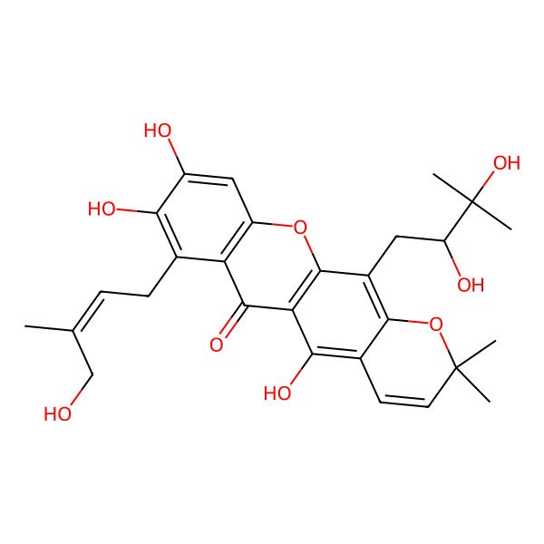 2D Structure of 12-[(2S)-2,3-dihydroxy-3-methylbutyl]-5,8,9-trihydroxy-7-[(Z)-4-hydroxy-3-methylbut-2-enyl]-2,2-dimethylpyrano[3,2-b]xanthen-6-one