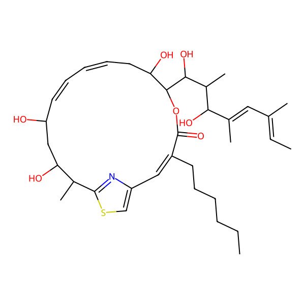 2D Structure of 6-(1,3-Dihydroxy-2,4,6-trimethylocta-4,6-dienyl)-3-hexyl-7,13,15-trihydroxy-16-methyl-5-oxa-18-thia-20-azabicyclo[15.2.1]icosa-1(19),2,9,11,17(20)-pentaen-4-one