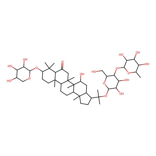 2D Structure of (3R,3aS,5R,5aR,5bR,7aR,9S,11aR,11bR,13aR,13bS)-3-[2-[(2S,3R,4R,5S,6R)-3,4-dihydroxy-6-(hydroxymethyl)-5-[(2S,3R,4R,5R,6S)-3,4,5-trihydroxy-6-methyloxan-2-yl]oxyoxan-2-yl]oxypropan-2-yl]-5-hydroxy-5a,5b,8,8,11a,13b-hexamethyl-9-[(2S,3R,4S,5S)-3,4,5-trihydroxyoxan-2-yl]oxy-2,3,3a,4,5,6,7a,9,10,11,11b,12,13,13a-tetradecahydro-1H-cyclopenta[a]chrysen-7-one