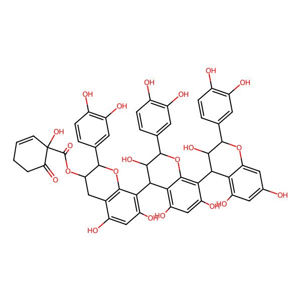 2D Structure of [(2R,3S)-2-(3,4-dihydroxyphenyl)-8-[(2R,3S,4R)-2-(3,4-dihydroxyphenyl)-8-[(2R,3R,4R)-2-(3,4-dihydroxyphenyl)-3,5,7-trihydroxy-3,4-dihydro-2H-chromen-4-yl]-3,5,7-trihydroxy-3,4-dihydro-2H-chromen-4-yl]-5,7-dihydroxy-3,4-dihydro-2H-chromen-3-yl] (1S)-1-hydroxy-6-oxocyclohex-2-ene-1-carboxylate