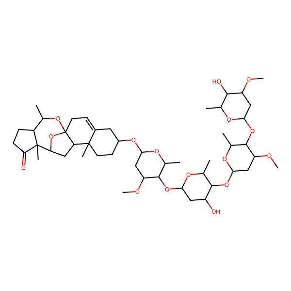2D Structure of 6-[5-[4-Hydroxy-5-[5-(5-hydroxy-4-methoxy-6-methyloxan-2-yl)oxy-4-methoxy-6-methyloxan-2-yl]oxy-6-methyloxan-2-yl]oxy-4-methoxy-6-methyloxan-2-yl]oxy-9,13,18-trimethyl-19,20-dioxapentacyclo[10.7.1.01,10.04,9.013,17]icos-3-en-14-one