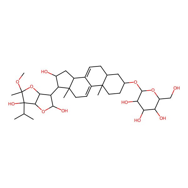 2D Structure of (2R,3R,4S,5S,6R)-2-[[(3S,5S,10S,13S,14R,16R,17R)-17-[(2R,3S,3aR,5S,6S,6aS)-2,6-dihydroxy-5-methoxy-5-methyl-6-propan-2-yl-2,3,3a,6a-tetrahydrofuro[3,2-b]furan-3-yl]-16-hydroxy-10,13-dimethyl-2,3,4,5,6,12,14,15,16,17-decahydro-1H-cyclopenta[a]phenanthren-3-yl]oxy]-6-(hydroxymethyl)oxane-3,4,5-triol