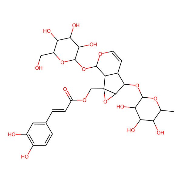 2D Structure of [(1S,2S,4S,5S,6R,10S)-10-[(2S,3R,4S,5S,6R)-3,4,5-trihydroxy-6-(hydroxymethyl)oxan-2-yl]oxy-5-[(2S,3R,4R,5R,6S)-3,4,5-trihydroxy-6-methyloxan-2-yl]oxy-3,9-dioxatricyclo[4.4.0.02,4]dec-7-en-2-yl]methyl (E)-3-(3,4-dihydroxyphenyl)prop-2-enoate