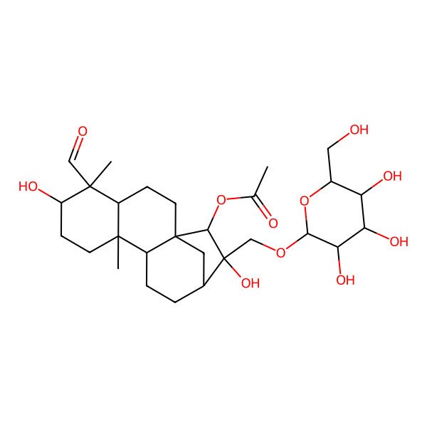 2D Structure of [(1R,4S,5S,6R,9S,10S,13R,14R,15R)-5-formyl-6,14-dihydroxy-5,9-dimethyl-14-[[(2R,3R,4S,5S,6R)-3,4,5-trihydroxy-6-(hydroxymethyl)oxan-2-yl]oxymethyl]-15-tetracyclo[11.2.1.01,10.04,9]hexadecanyl] acetate